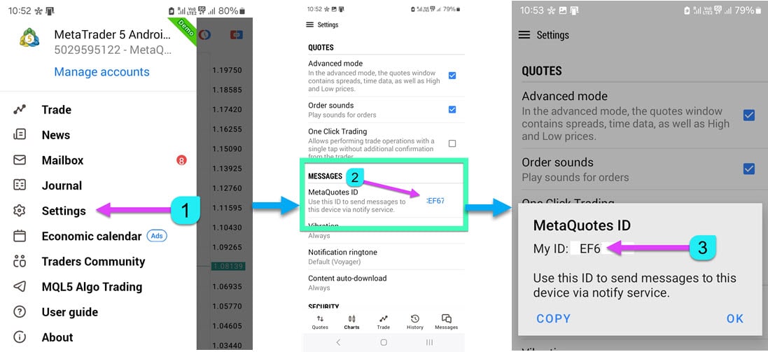 Anzeige der MetaQuotes-ID in der MetaTrader Mobile App