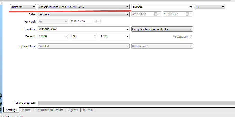 Strategy Tester window in MetaTrader with Indicator selected