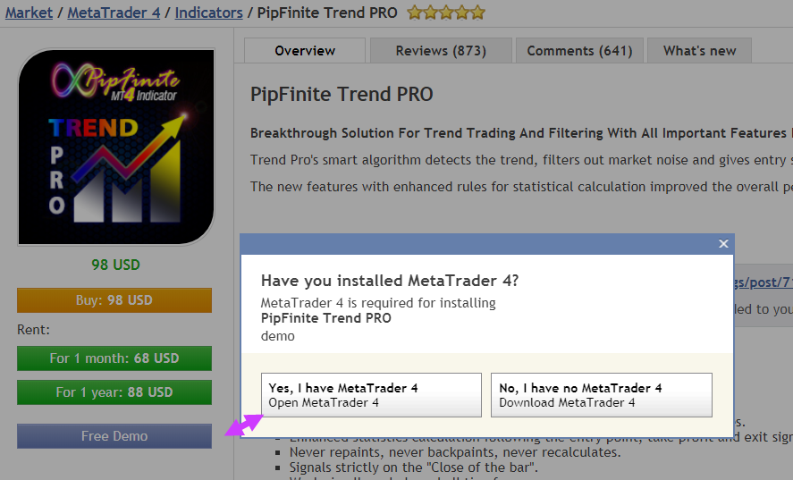 PipFinite Trend PRO Indicator in MetaTrader terminal