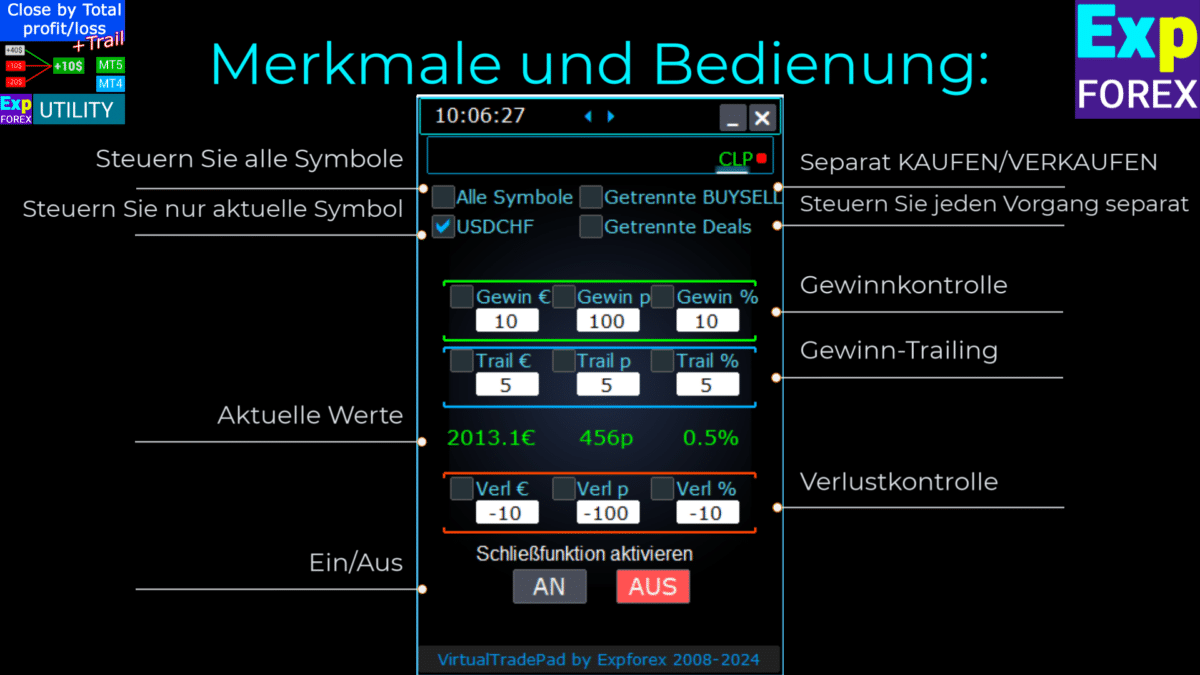 Funktionen und Steuerungen von CLP CloseIfProfitorLoss