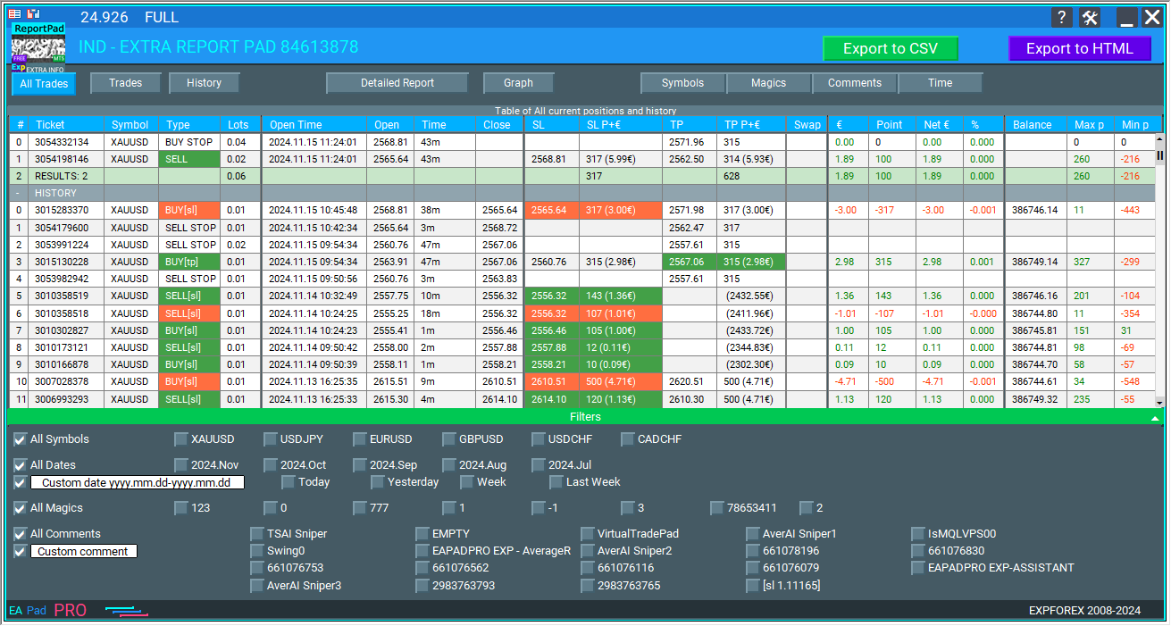 Extra Report Pad: Filters in History Tab