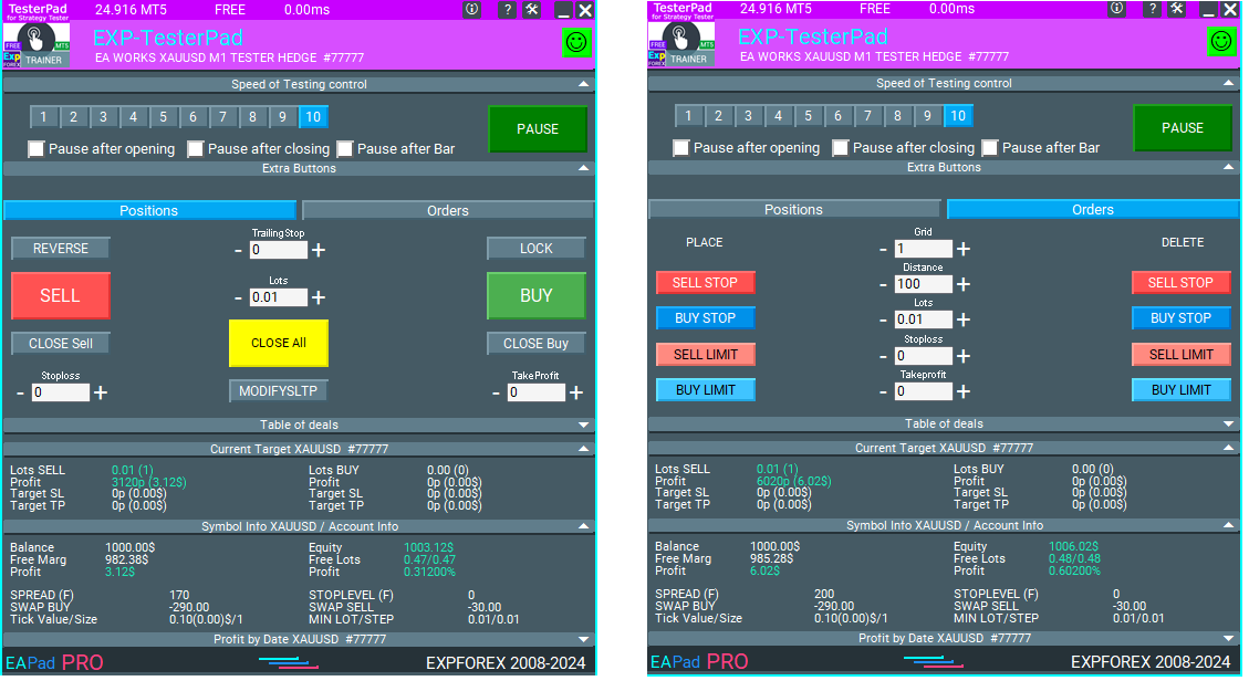 Exp-Tester PAD Forex Trading Simulator Interface