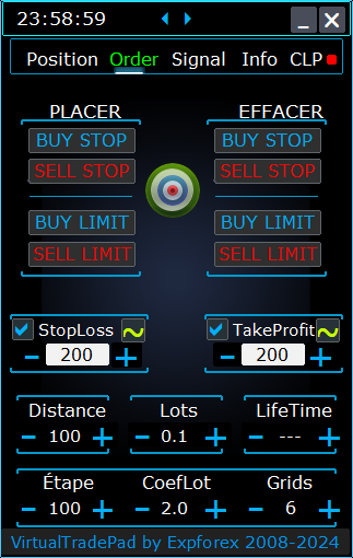 Trade Pad VirtualTradePad : Gestion de l'onglet Ordre :