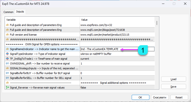 After that, specify this file in the settings of the SignalNameIndicator advisor.