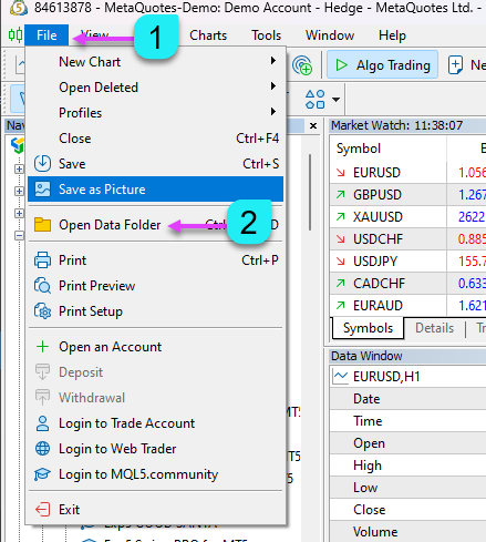 Open Data Folder in MetaTrader