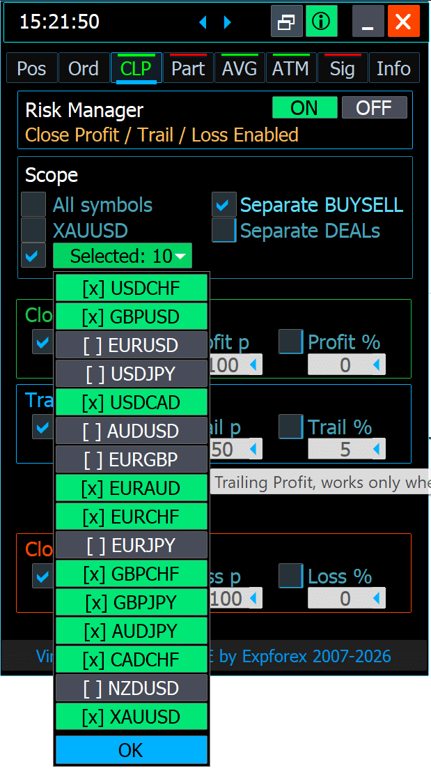 VirtualTradePad PRO SE CLP Selected Symbols mode