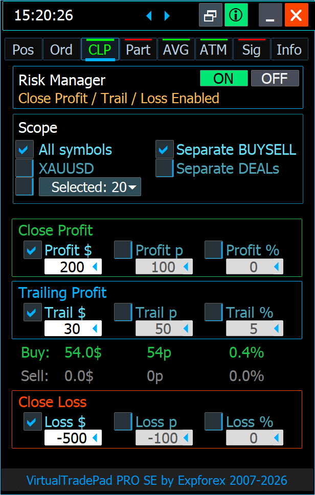 VirtualTradePad PRO SE CLP Separate BUY SELL basket control