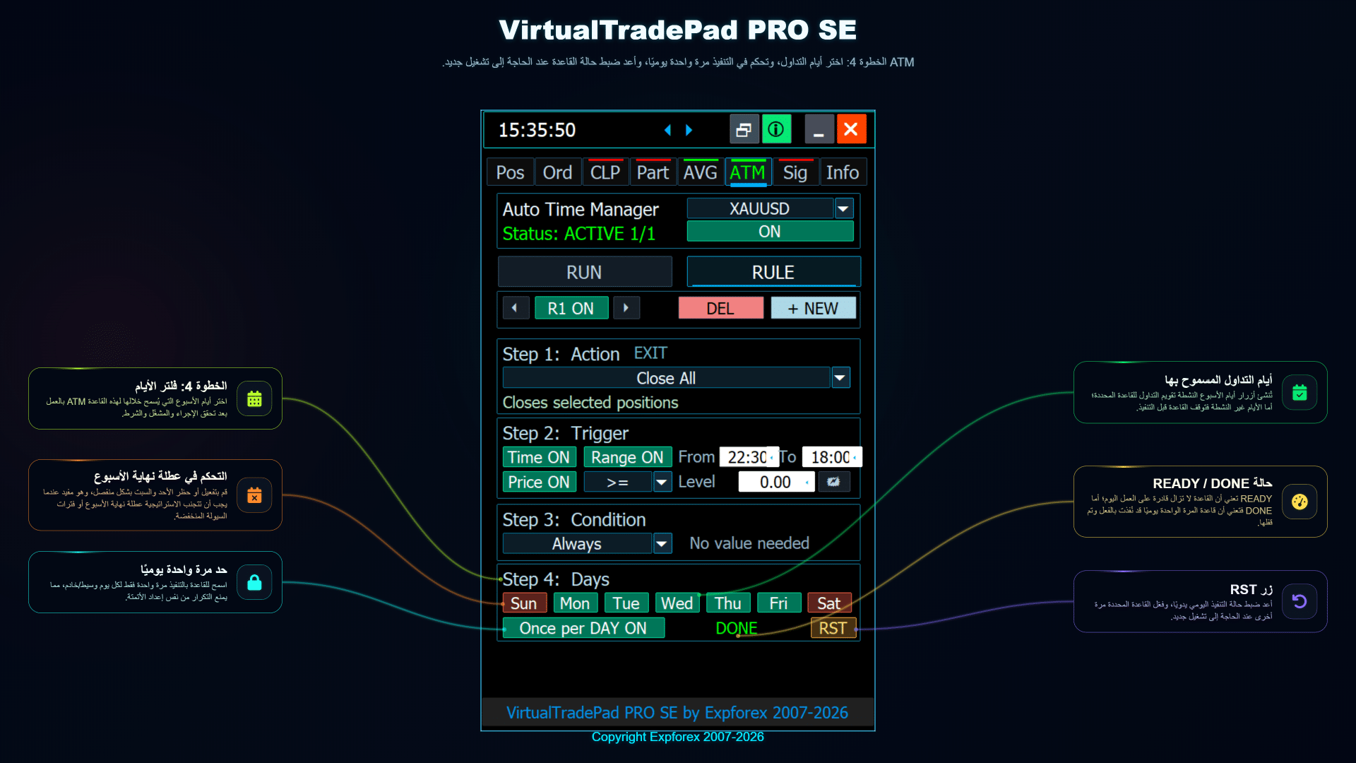 VirtualTradePad PRO SE ATM الخطوة 4 لمراجعة القاعدة وتشغيلها