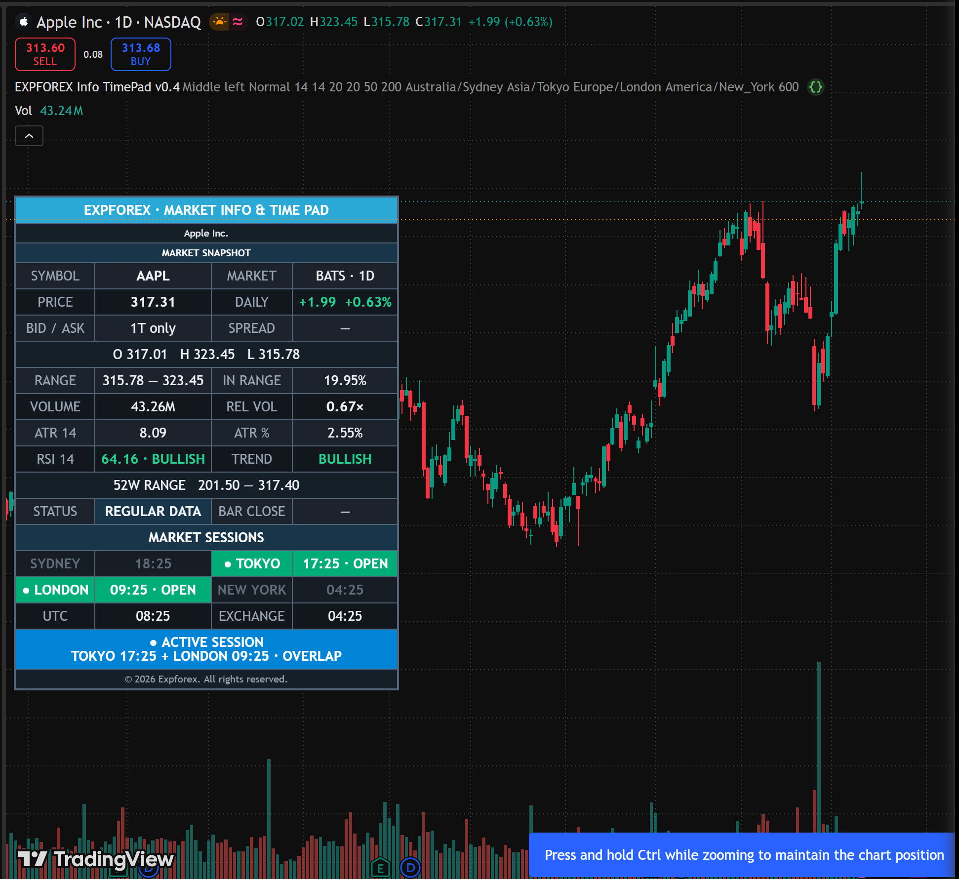 EXPFOREX Market Info and Time Pad on an Apple AAPL daily TradingView chart