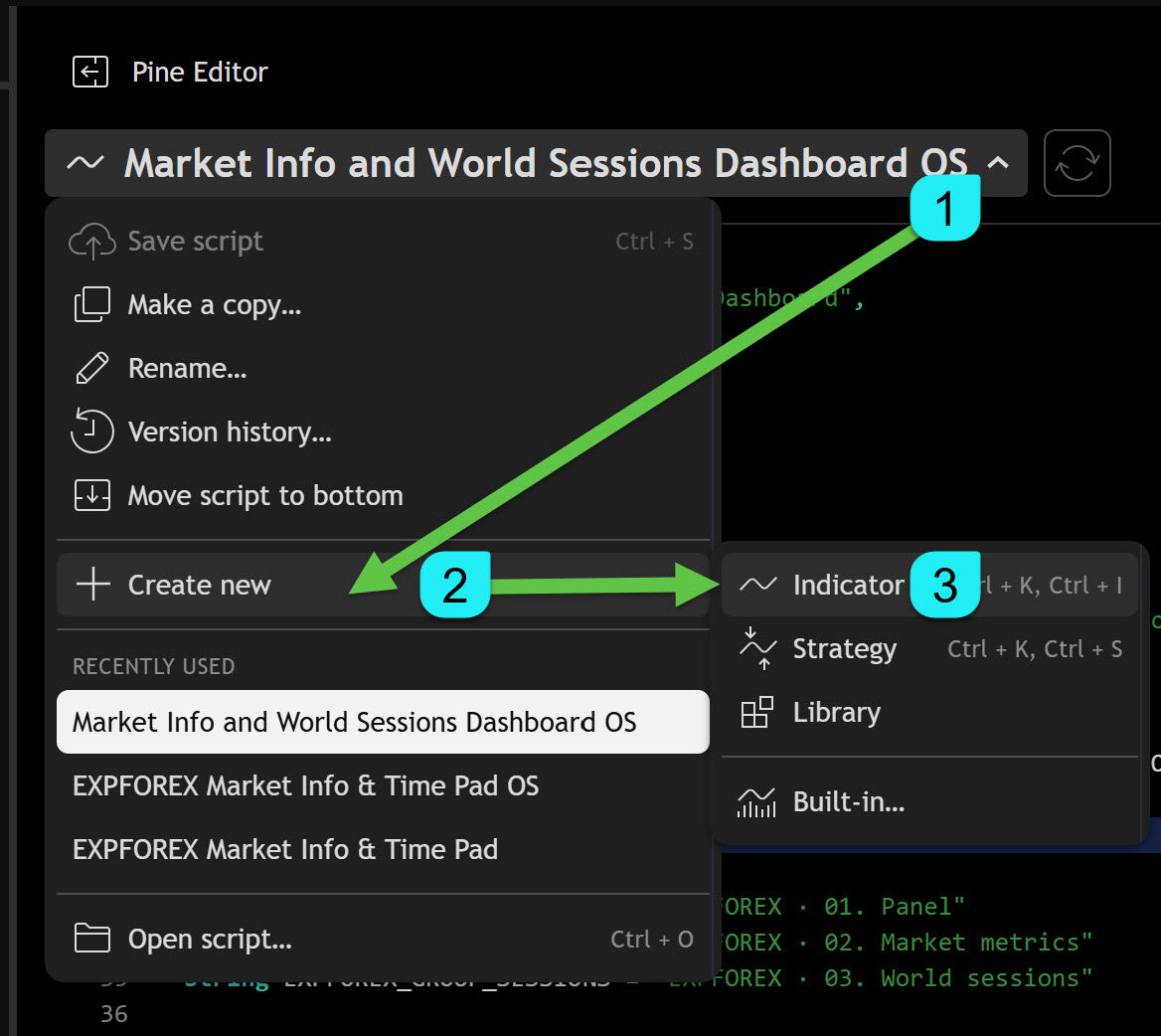 TradingView Pine Editor menu showing Create new and Indicator