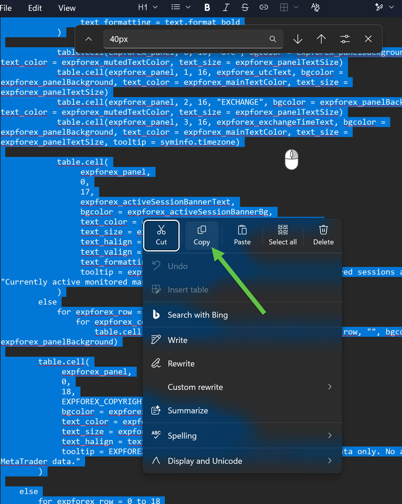 Complete EXPFOREX Pine Script selected in a TXT file with the Copy command highlighted