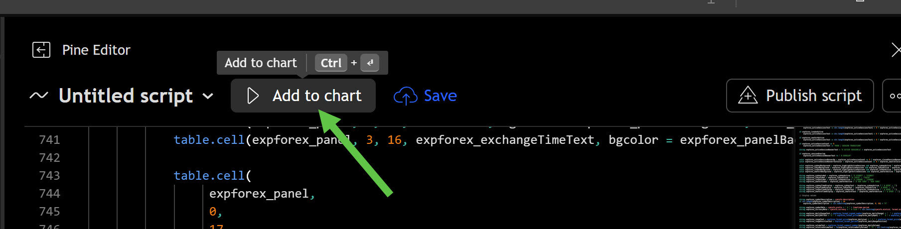 TradingView Pine Editor Save and Add to chart controls after pasting the EXPFOREX script